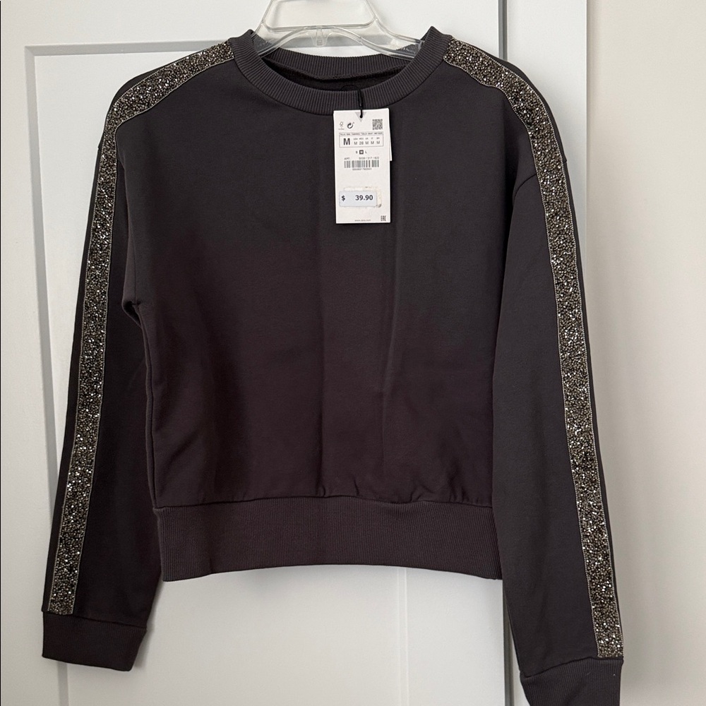 NWT Zara charcoal grey and sequin arm cropped sweatshirt
